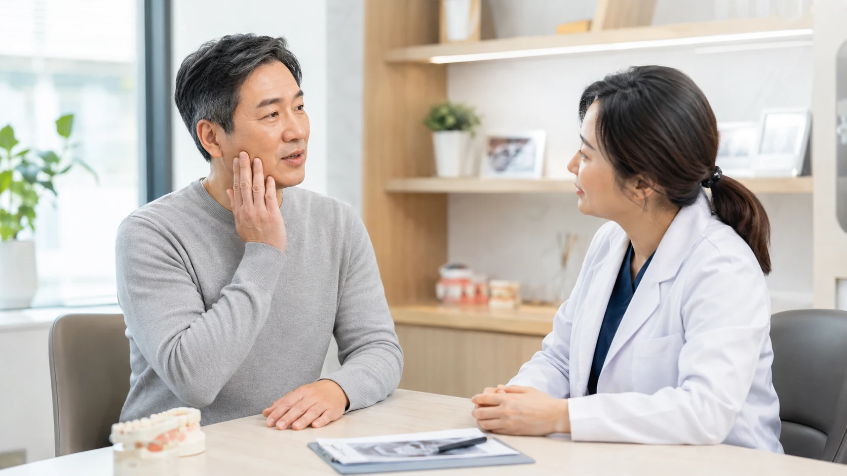 어금니 임플란트 통증 회복 상태를 차분히 확인하는 모습